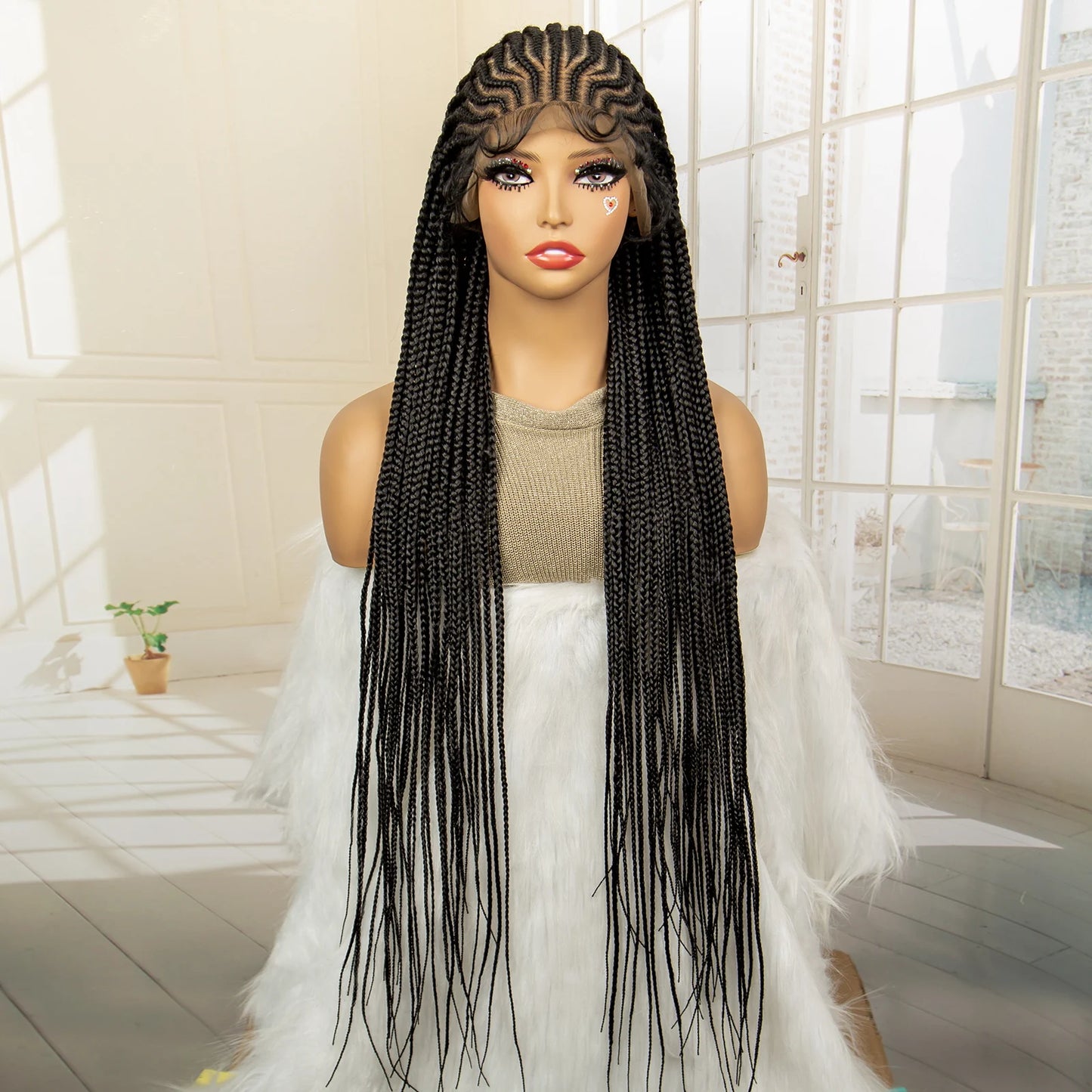 Full Lace Cornrow Braided Wigs Synthetic Knotless Box Braids Wig for Black Women 34 Inches Handmade Lace Frontal Braiding Wig