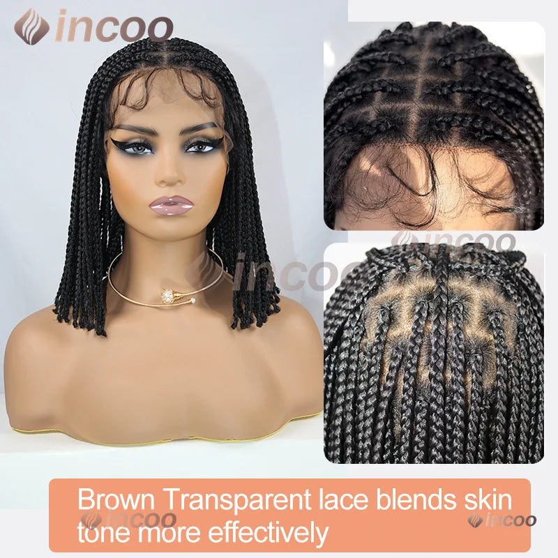 Synthetic Short Bob Box Braided Wig For Black Women Goddess Locs Twist Braided Wigs 360 Full Lace Wig Curly Box Knotless Wigs