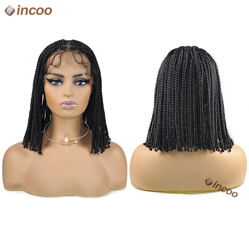 12 Inch Synthetic 360 Full Lace Frontal Braided Wigs Goddess Boho Short Bob Wigs For Black Women Knotless Square Box Braids Wigs