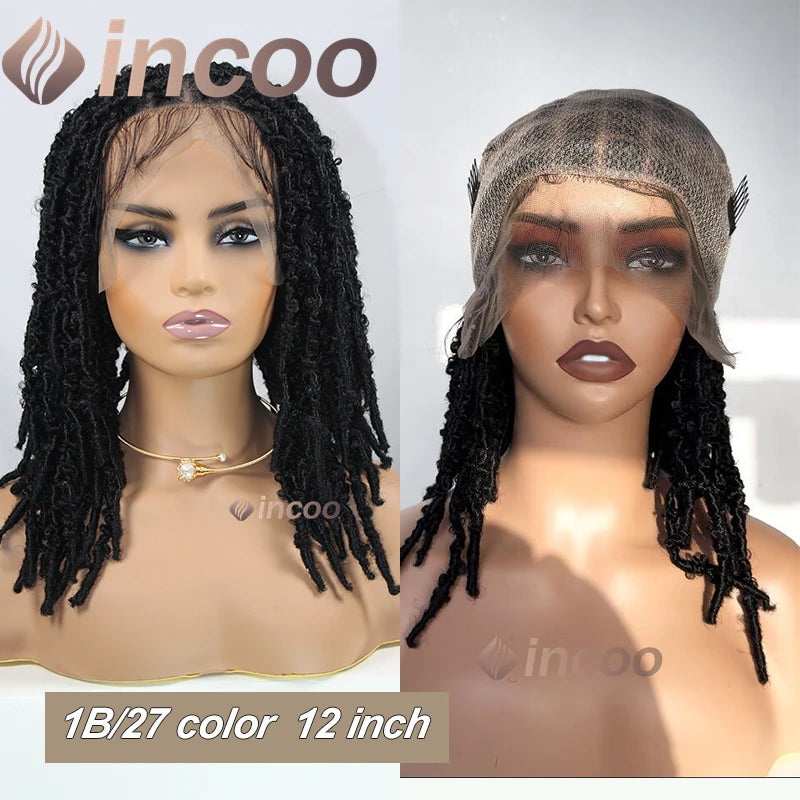 Synthetic Short Bob Box Braided Wig For Black Women Goddess Locs Twist Braided Wigs 360 Full Lace Wig Curly Box Knotless Wigs