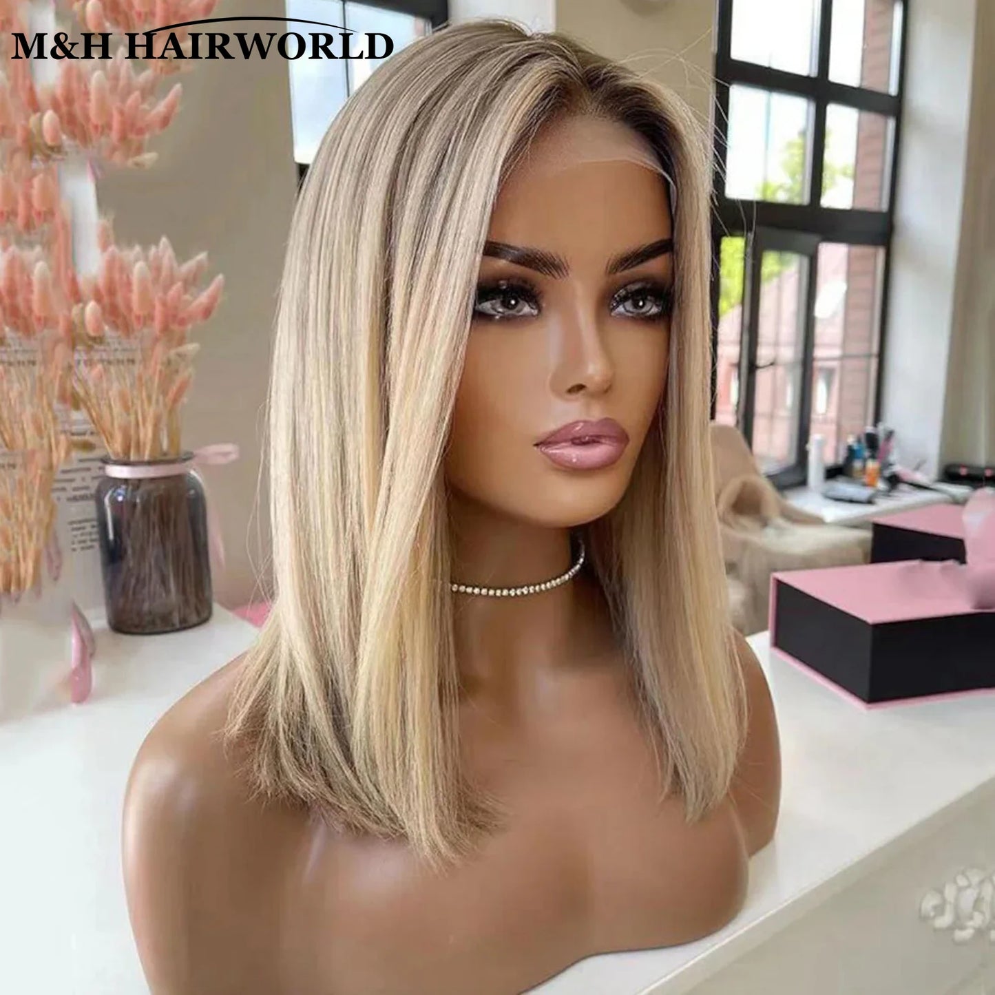 Ombre Ash Blonde Colored Highlights Bob Wig Short Natural Wavy Synthetic Hair Lace Front Wigs 13x3 Frontal Lace Wigs For Women