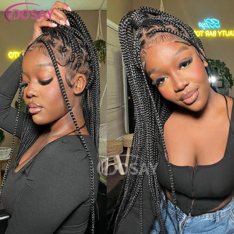 36" Full Lace Braided Wigs Synthetic Box Braids Lace Front Wigs Knotless Braided Wigs For Black Women Small Box Square Hair Wigs