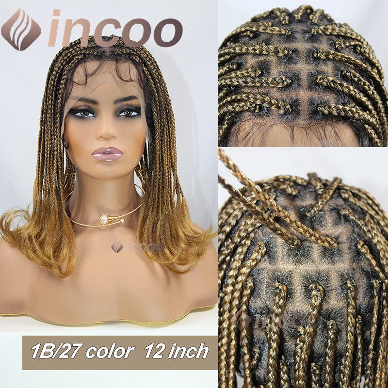 Synthetic Short Bob Box Braided Wig For Black Women Goddess Locs Twist Braided Wigs 360 Full Lace Wig Curly Box Knotless Wigs