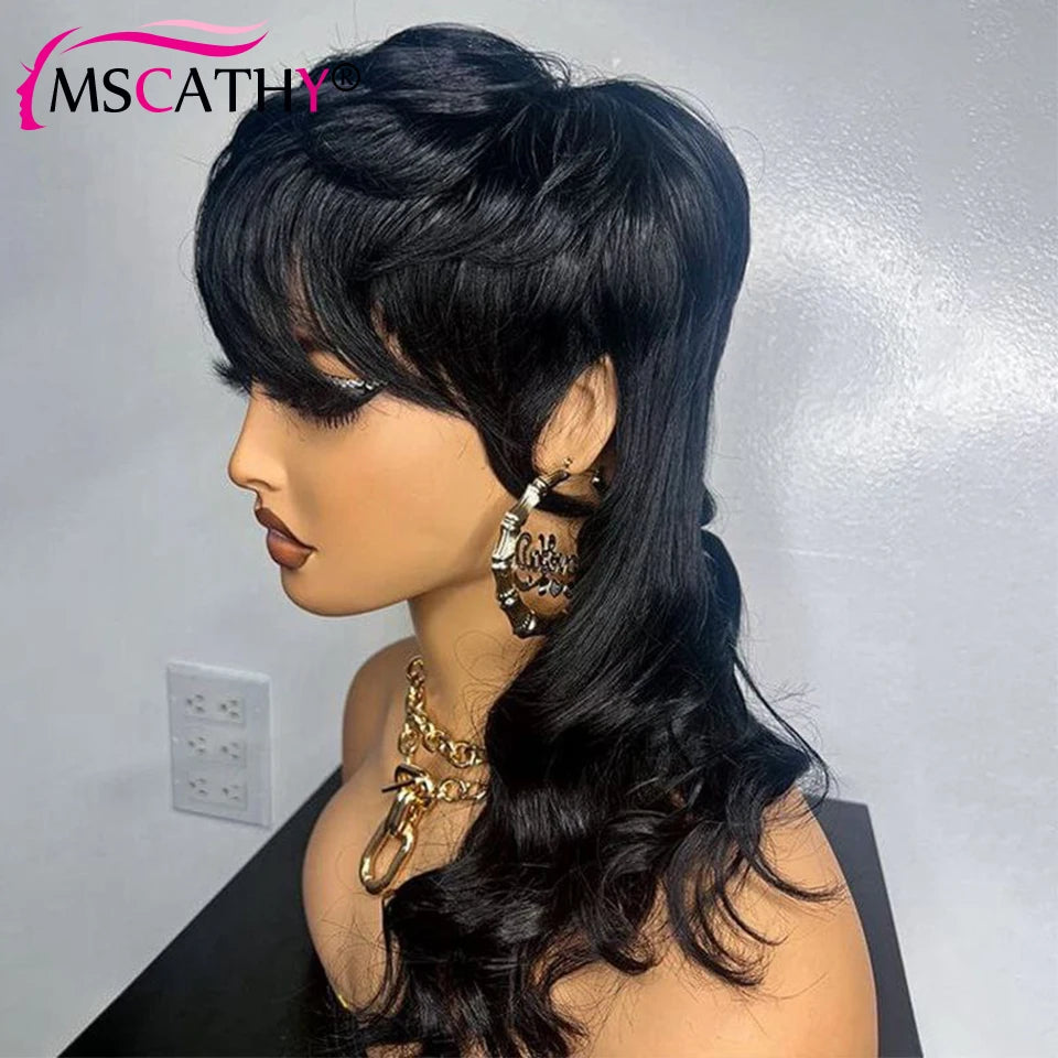 Full Machine Made Dovetail Human Hair Wigs Body Wave Short Pixie Cut Wig With Bangs Glueless Brazilian Remy Hair Wigs For Women