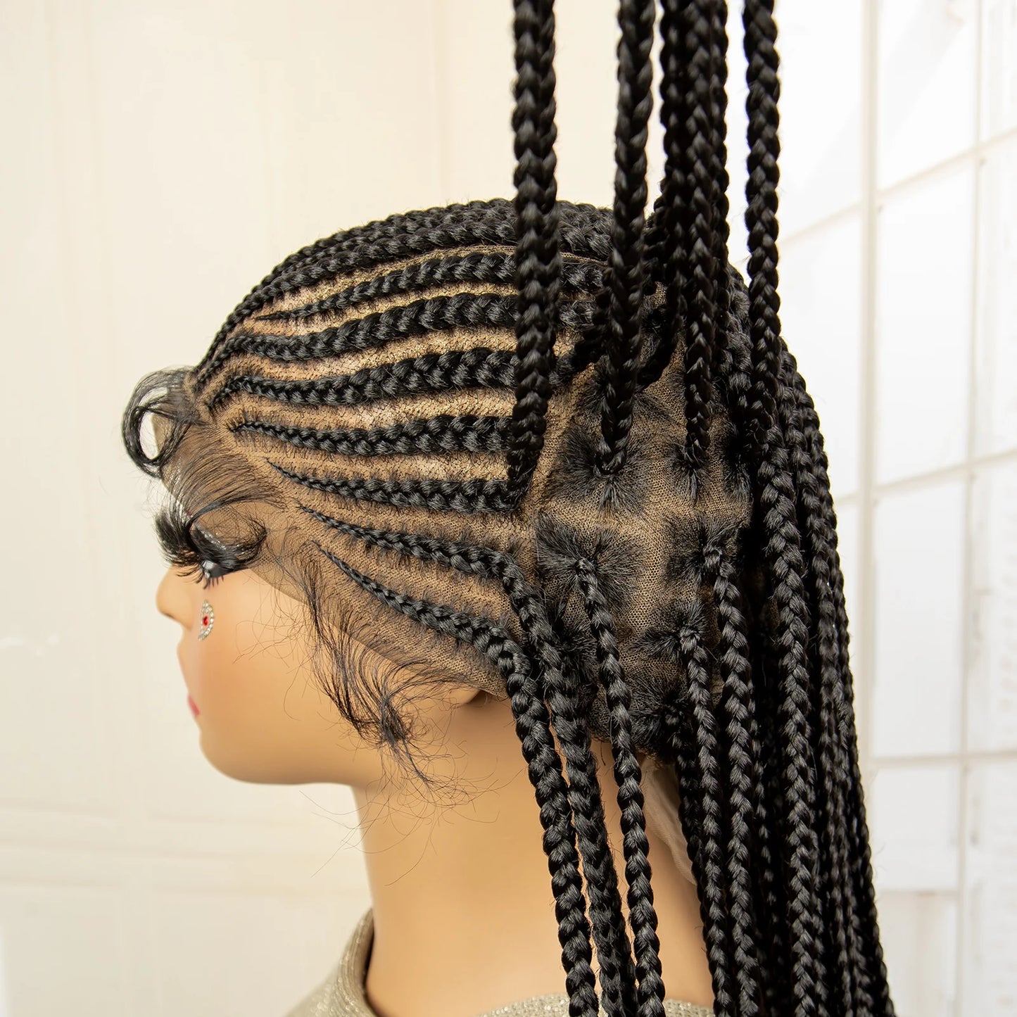 Full Lace Cornrow Braided Wigs Synthetic Knotless Box Braids Wig for Black Women 34 Inches Handmade Lace Frontal Braiding Wig