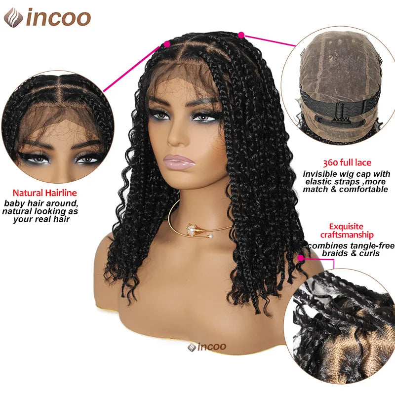 12 Inch Synthetic 360 Full Lace Frontal Braided Wigs Goddess Boho Short Bob Wigs For Black Women Knotless Square Box Braids Wigs