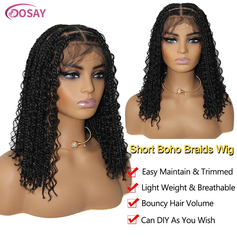 Short 12 Inch Bohemian Curly Braided Full Lace Front Wigs Knotless Box Braid Bob Wig Women Synthetic Locs Goddess Cornrow Braids