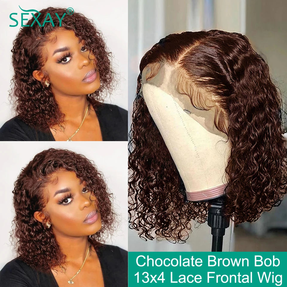 Water Wave Short Bob Wig #4 Brown Color Sexay 100% Ocean Curly Human Hair Wigs 180 Density 13x4 HD Transparent Lace Frontal Wig