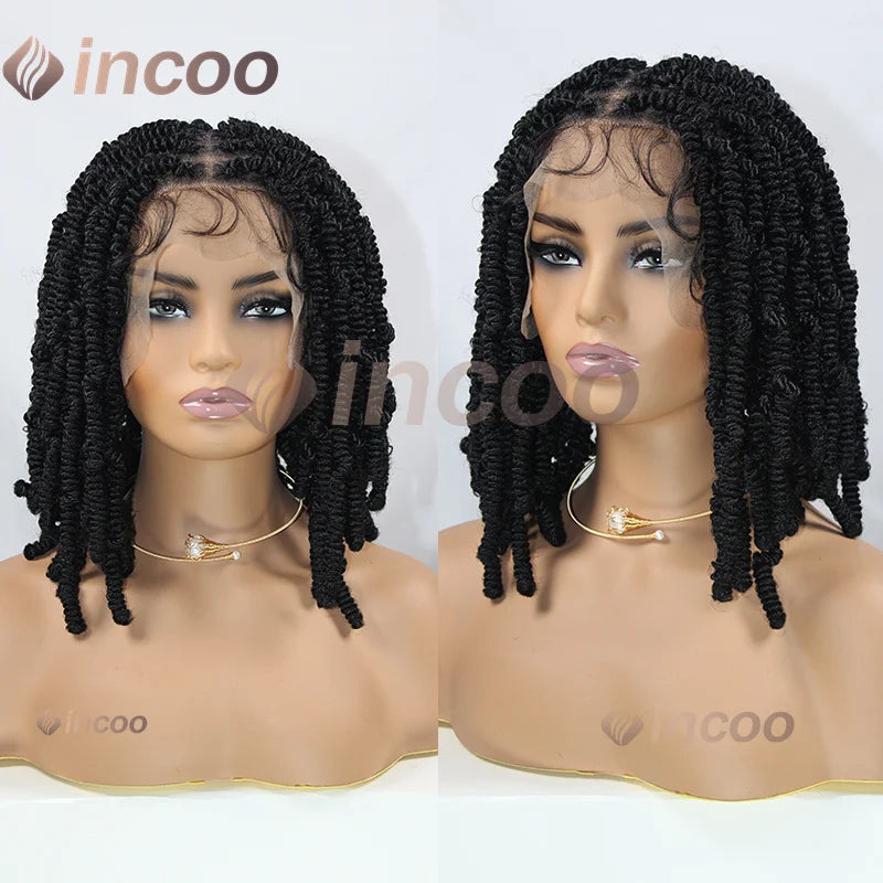 Synthetic Short Bob Box Braided Wig For Black Women Goddess Locs Twist Braided Wigs 360 Full Lace Wig Curly Box Knotless Wigs