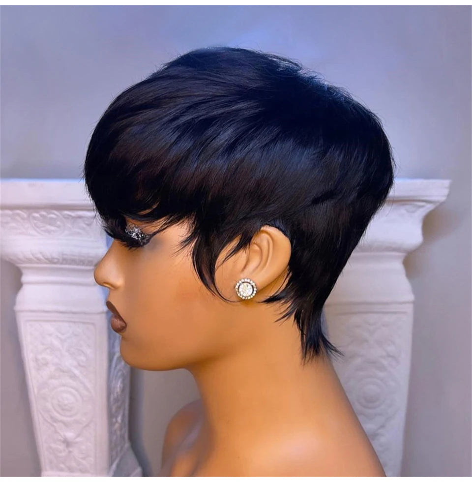 Short Straight Bob Wig Pixie Cut Wig Human Hair For Black Women With Bangs Brazilian Virgin Hair Non Lace front Cheap Wig Black