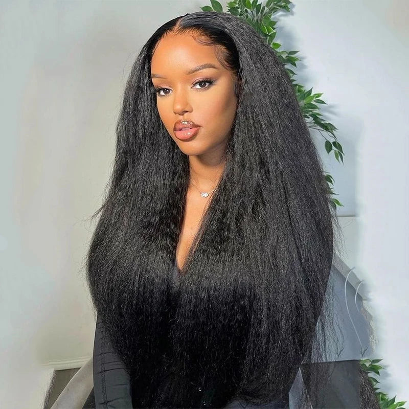 Yaki Black 30Inch Long Kinky Straight Lace Front Wig For Women With Baby Hair Synthetic Preplucked Glueless Daily Wear Wig