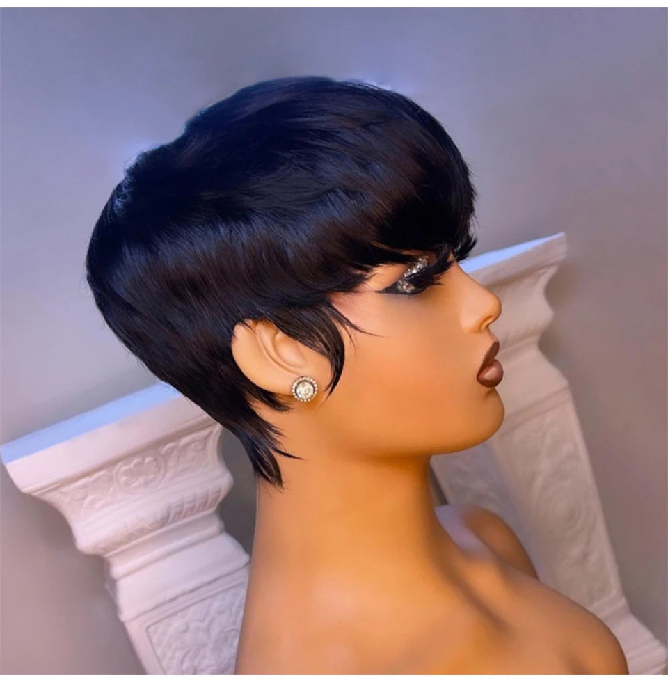 Short Straight Bob Wig Pixie Cut Wig Human Hair For Black Women With Bangs Brazilian Virgin Hair Non Lace front Cheap Wig Black