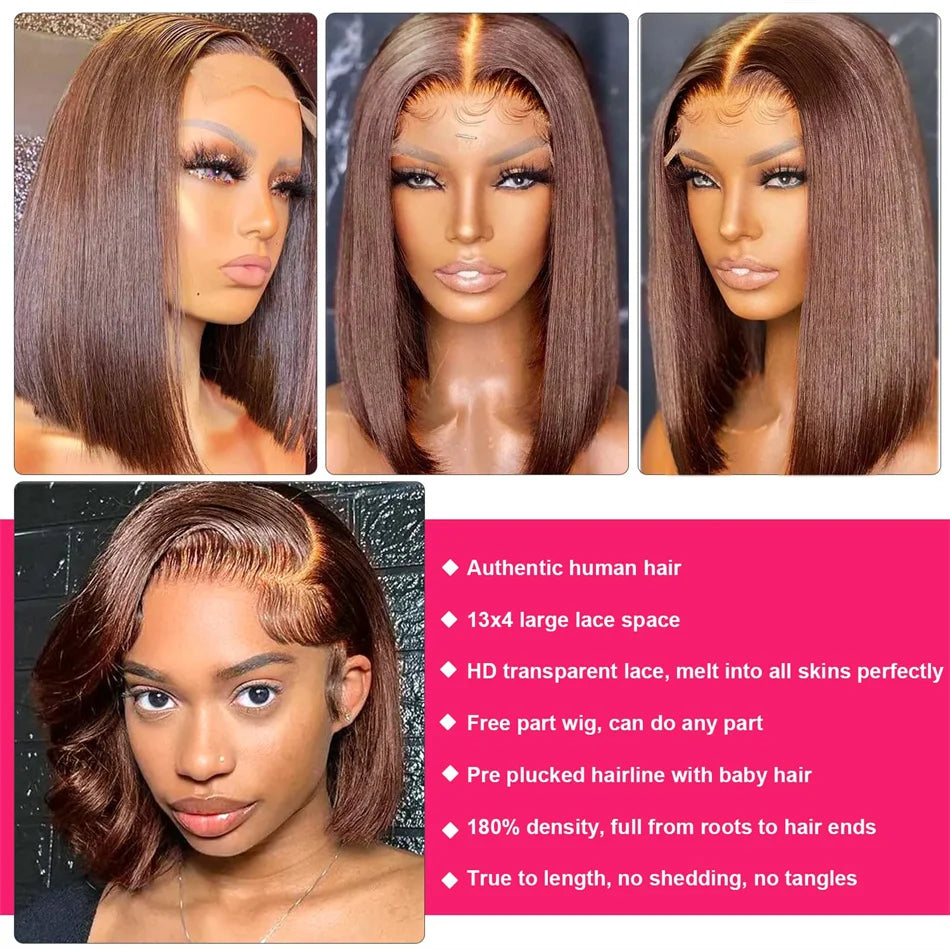 12A Double Drawn 180% Density Bone Straight Hair Bob Wig 13x4 Lace Front Wig 10-16 Inches Chocolate Brown Human Hair Wig