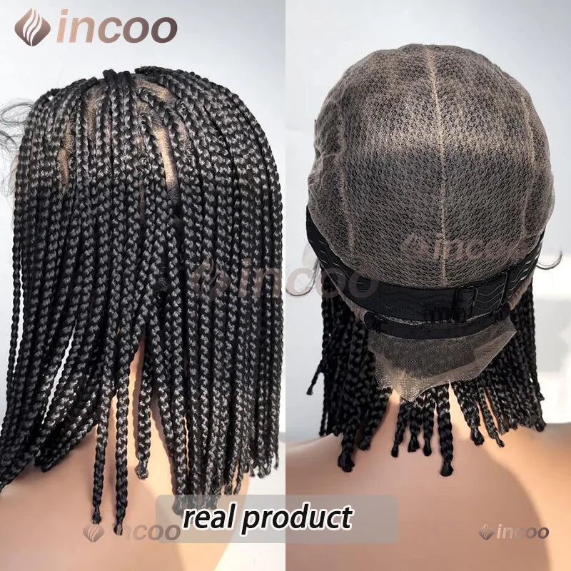 Synthetic Short Bob Box Braided Wig For Black Women Goddess Locs Twist Braided Wigs 360 Full Lace Wig Curly Box Knotless Wigs