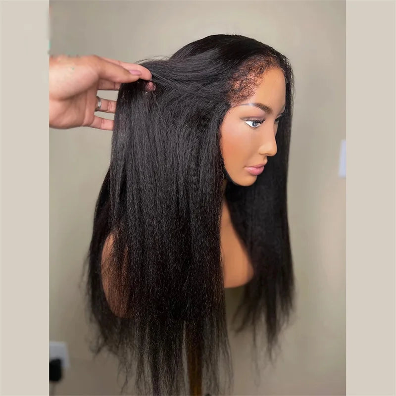 Natural Black Long Glueless Yaki 30Inch Kinky Straight Lace Front Wig For Women With Baby Hair Synthetic Preplucked Daily Wig