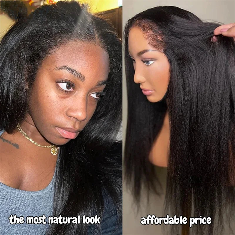 Natural Black Long Glueless Yaki 30Inch Kinky Straight Lace Front Wig For Women With Baby Hair Synthetic Preplucked Daily Wig