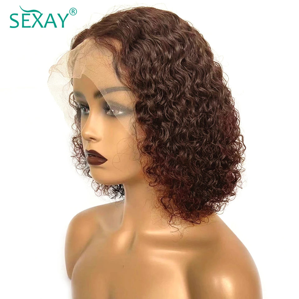 Water Wave Short Bob Wig #4 Brown Color Sexay 100% Ocean Curly Human Hair Wigs 180 Density 13x4 HD Transparent Lace Frontal Wig