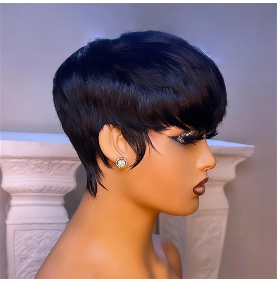 Short Straight Bob Wig Pixie Cut Wig Human Hair For Black Women With Bangs Brazilian Virgin Hair Non Lace front Cheap Wig Black