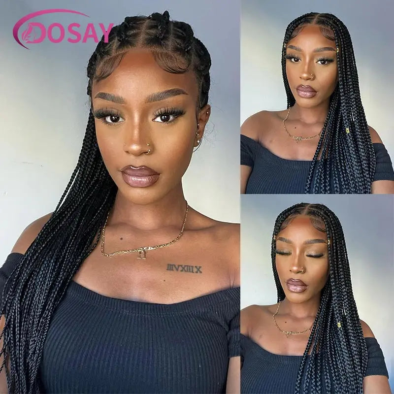 36" Full Lace Braided Wigs Synthetic Box Braids Lace Front Wigs Knotless Braided Wigs For Black Women Small Box Square Hair Wigs