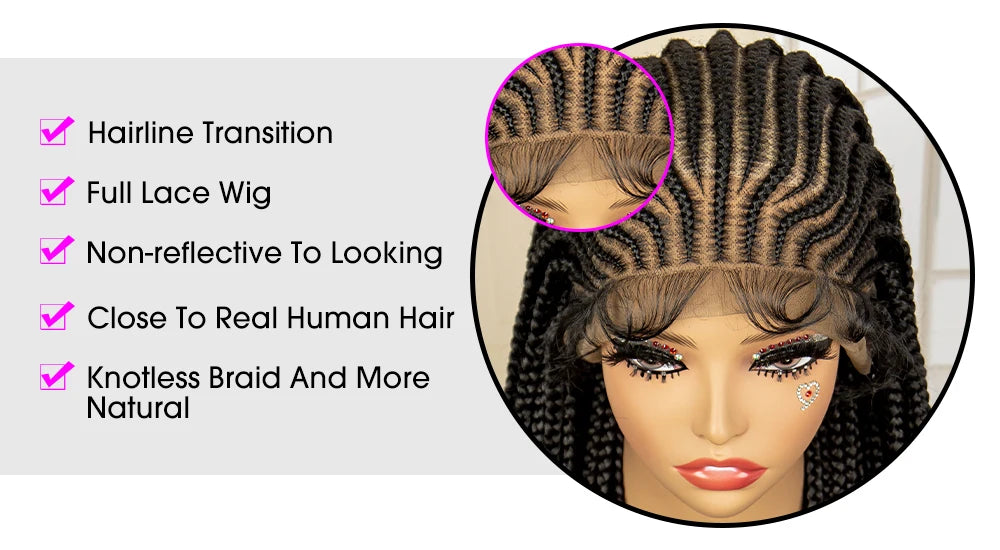 Full Lace Cornrow Braided Wigs Synthetic Knotless Box Braids Wig for Black Women 34 Inches Handmade Lace Frontal Braiding Wig