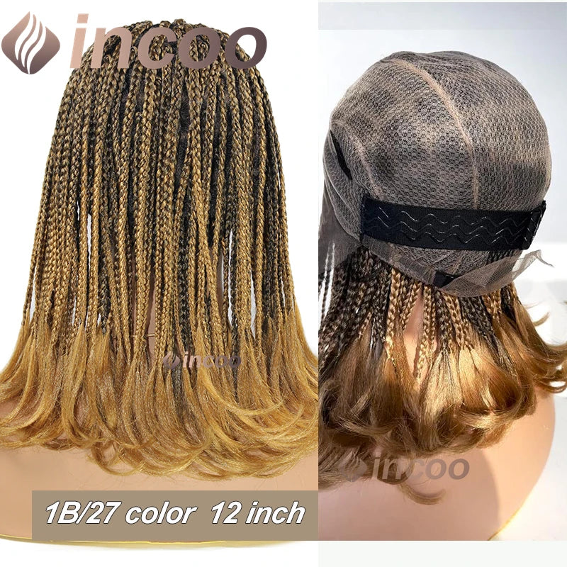 Synthetic Short Bob Box Braided Wig For Black Women Goddess Locs Twist Braided Wigs 360 Full Lace Wig Curly Box Knotless Wigs