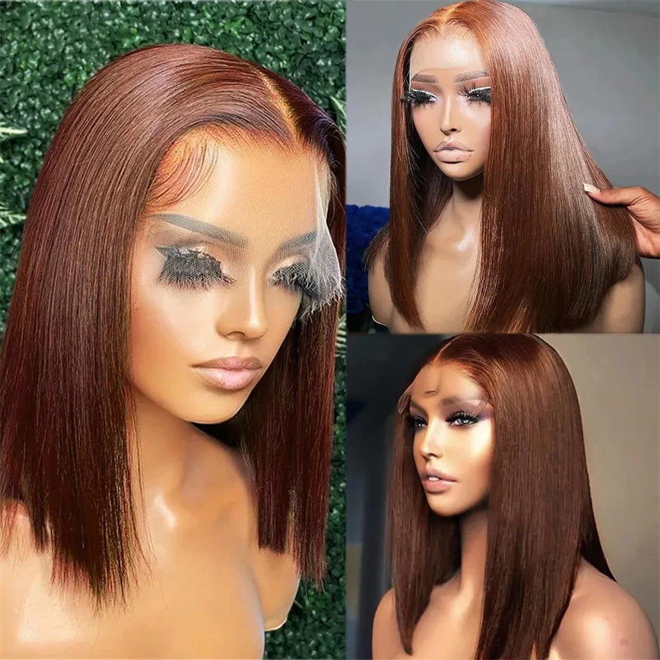 12A Double Drawn 180% Density Bone Straight Hair Bob Wig 13x4 Lace Front Wig 10-16 Inches Chocolate Brown Human Hair Wig