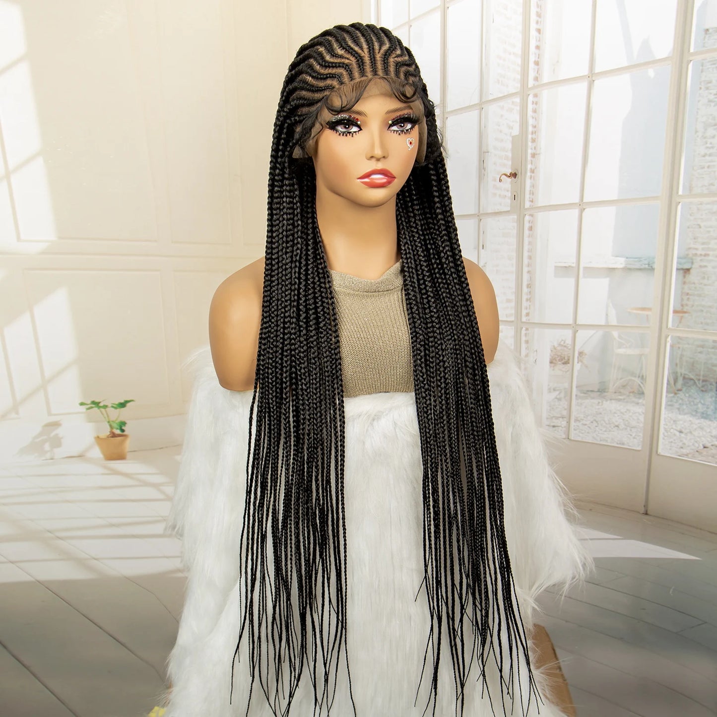 Full Lace Cornrow Braided Wigs Synthetic Knotless Box Braids Wig for Black Women 34 Inches Handmade Lace Frontal Braiding Wig