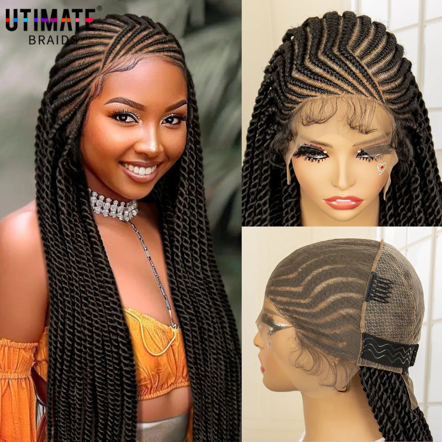 Synthetic Full Lace Twist Braided Wigs for Black Women 32 Inches Handmade Cornrow Knotless Box Braided Wigs with Baby Hair