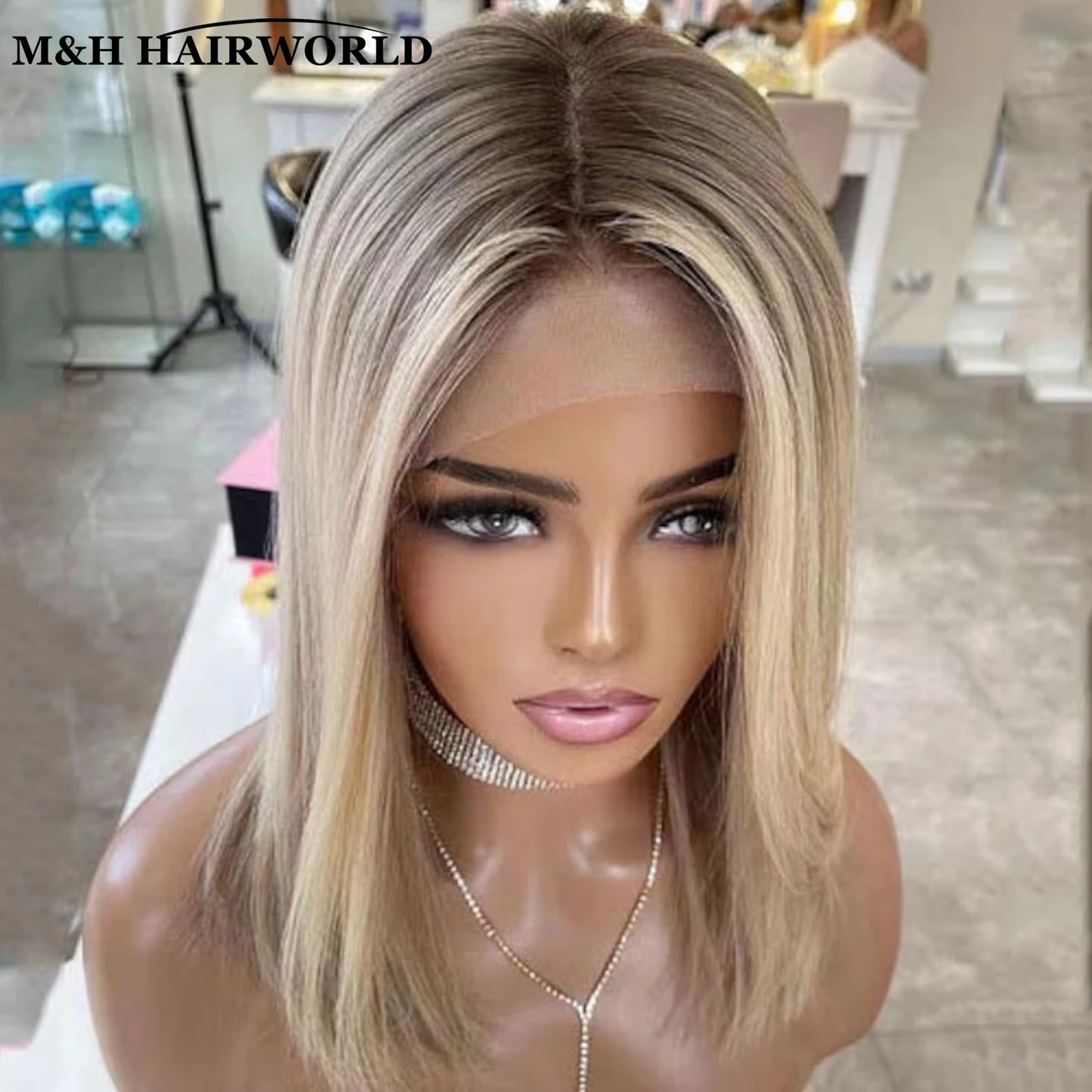 Ombre Ash Blonde Colored Highlights Bob Wig Short Natural Wavy Synthetic Hair Lace Front Wigs 13x3 Frontal Lace Wigs For Women