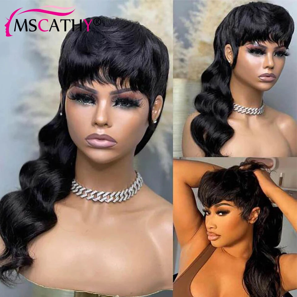 Full Machine Made Dovetail Human Hair Wigs Body Wave Short Pixie Cut Wig With Bangs Glueless Brazilian Remy Hair Wigs For Women