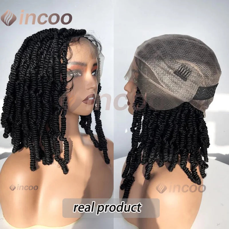 Synthetic Short Bob Box Braided Wig For Black Women Goddess Locs Twist Braided Wigs 360 Full Lace Wig Curly Box Knotless Wigs