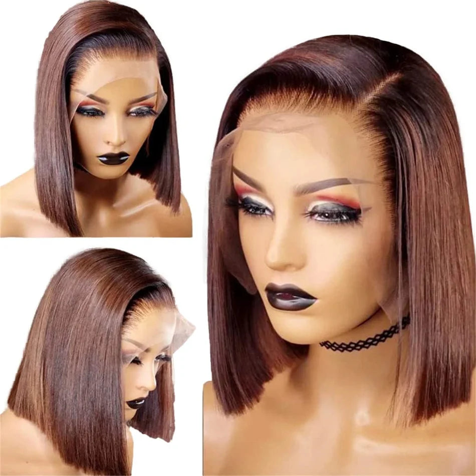 12A Double Drawn 180% Density Bone Straight Hair Bob Wig 13x4 Lace Front Wig 10-16 Inches Chocolate Brown Human Hair Wig