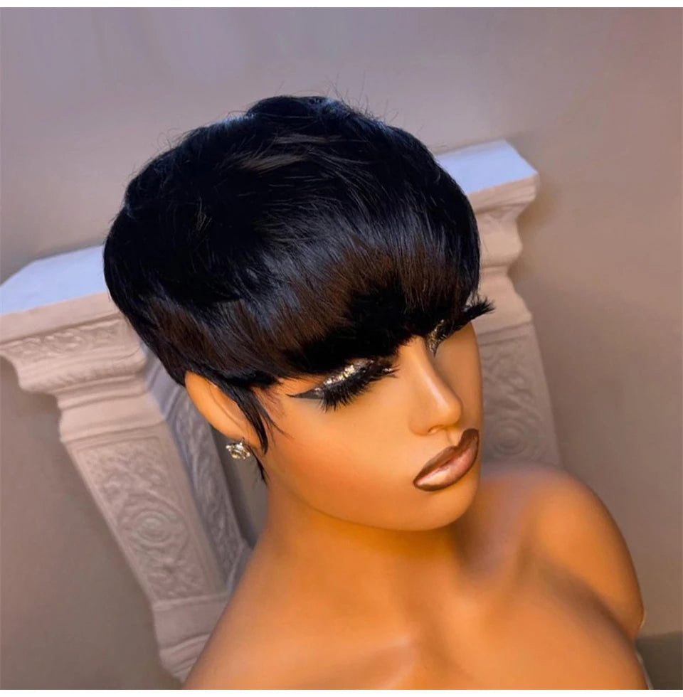 Short Straight Bob Wig Pixie Cut Wig Human Hair For Black Women With Bangs Brazilian Virgin Hair Non Lace front Cheap Wig Black