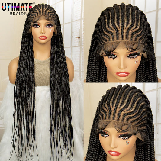 Full Lace Cornrow Braided Wigs Synthetic Knotless Box Braids Wig for Black Women 34 Inches Handmade Lace Frontal Braiding Wig