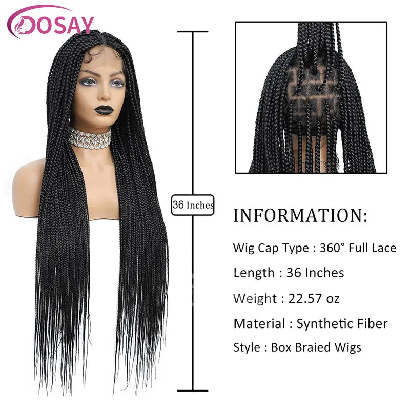 36" Full Lace Braided Wigs Synthetic Box Braids Lace Front Wigs Knotless Braided Wigs For Black Women Small Box Square Hair Wigs