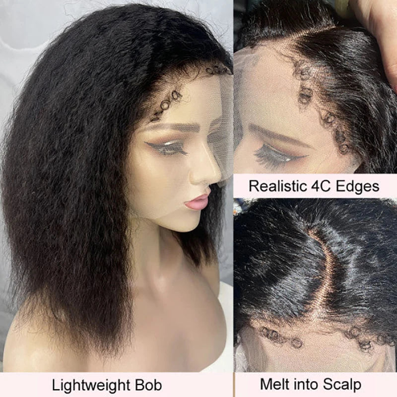 Short Kinky Straight Edged Curly Bob Wig 13x4 Lace Front Wigs 220 Density Short Bob Wig 100% Human Hair Lace Frontal Wigs