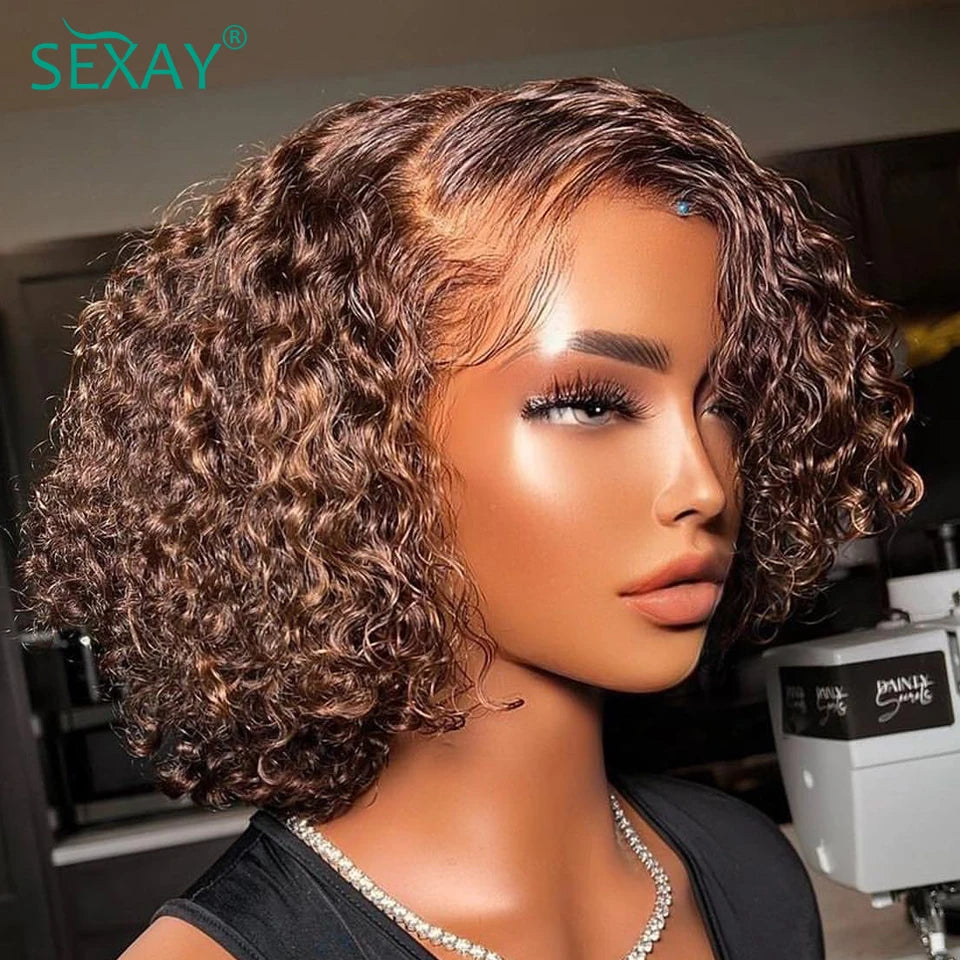 Water Wave Short Bob Wig #4 Brown Color Sexay 100% Ocean Curly Human Hair Wigs 180 Density 13x4 HD Transparent Lace Frontal Wig