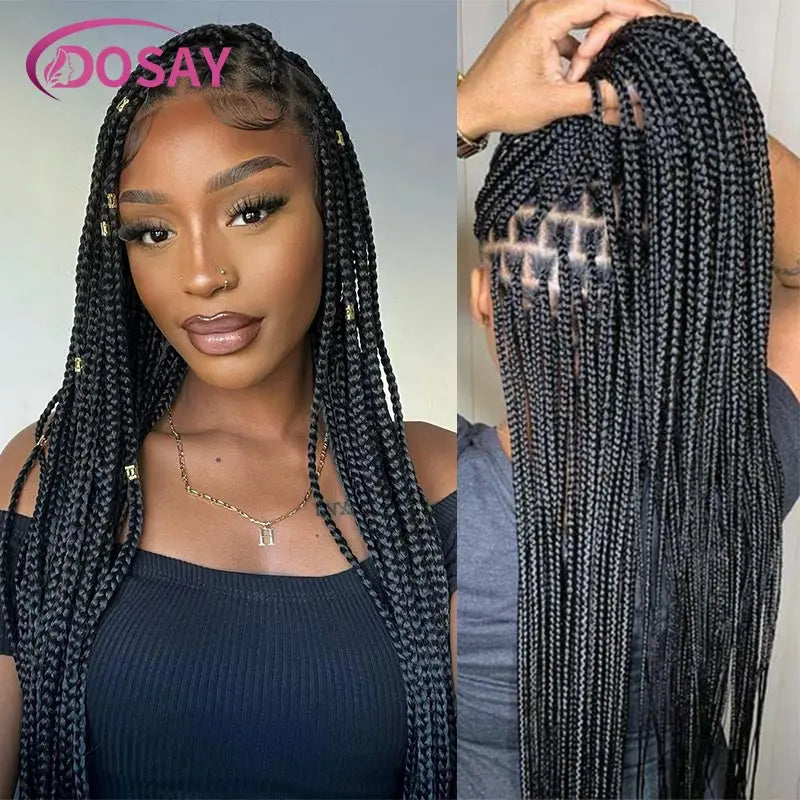 36" Full Lace Braided Wigs Synthetic Box Braids Lace Front Wigs Knotless Braided Wigs For Black Women Small Box Square Hair Wigs