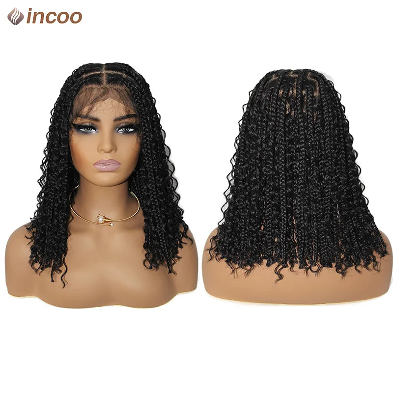 12 Inch Synthetic 360 Full Lace Frontal Braided Wigs Goddess Boho Short Bob Wigs For Black Women Knotless Square Box Braids Wigs