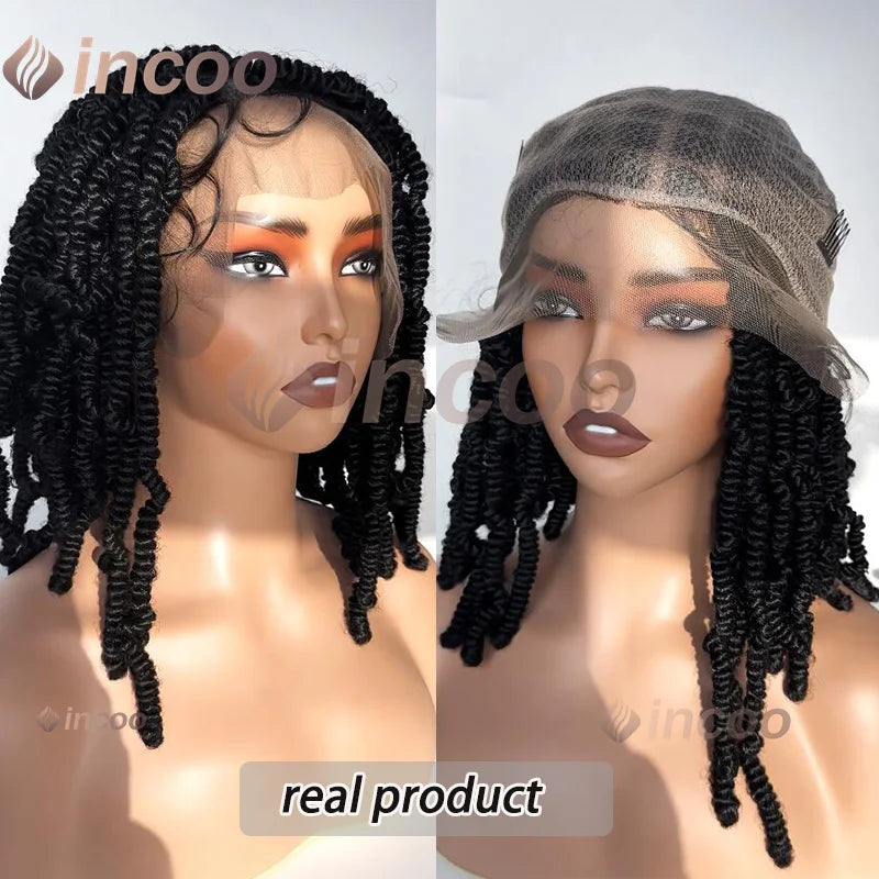 Synthetic Short Bob Box Braided Wig For Black Women Goddess Locs Twist Braided Wigs 360 Full Lace Wig Curly Box Knotless Wigs