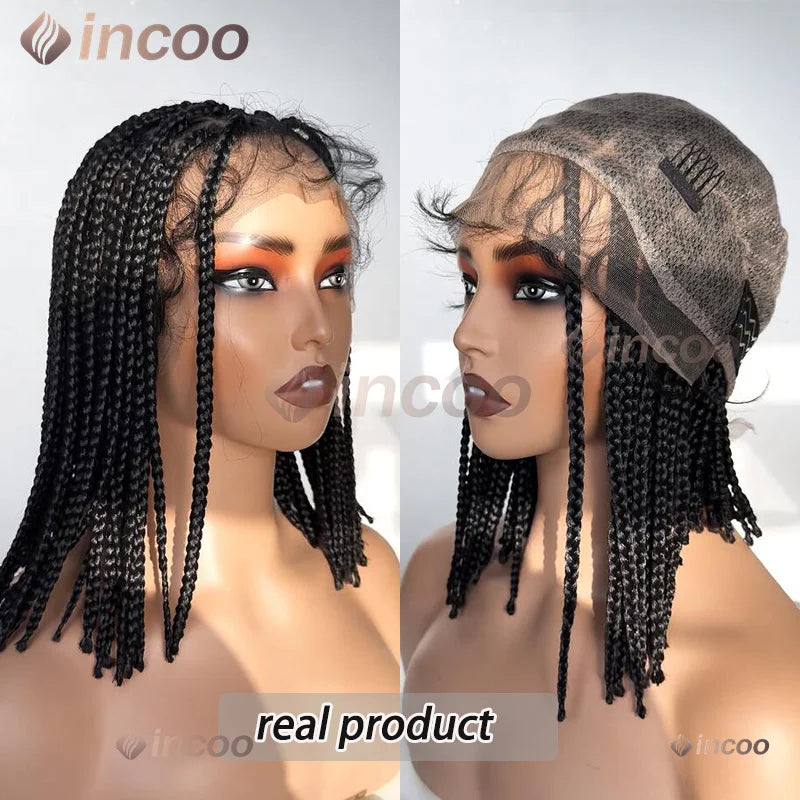 Synthetic Short Bob Box Braided Wig For Black Women Goddess Locs Twist Braided Wigs 360 Full Lace Wig Curly Box Knotless Wigs