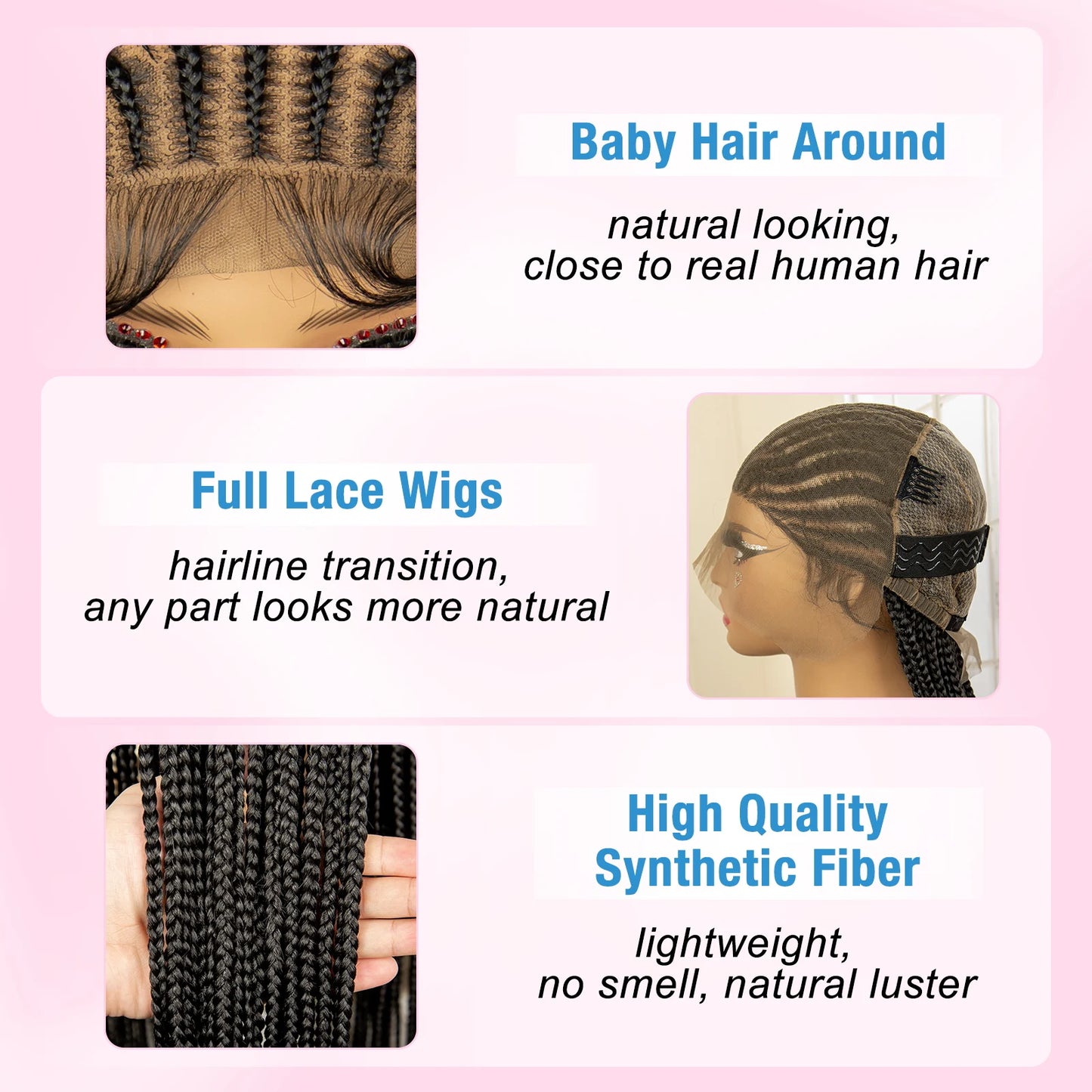 Full Lace Cornrow Braided Wigs Synthetic Knotless Box Braids Wig for Black Women 34 Inches Handmade Lace Frontal Braiding Wig