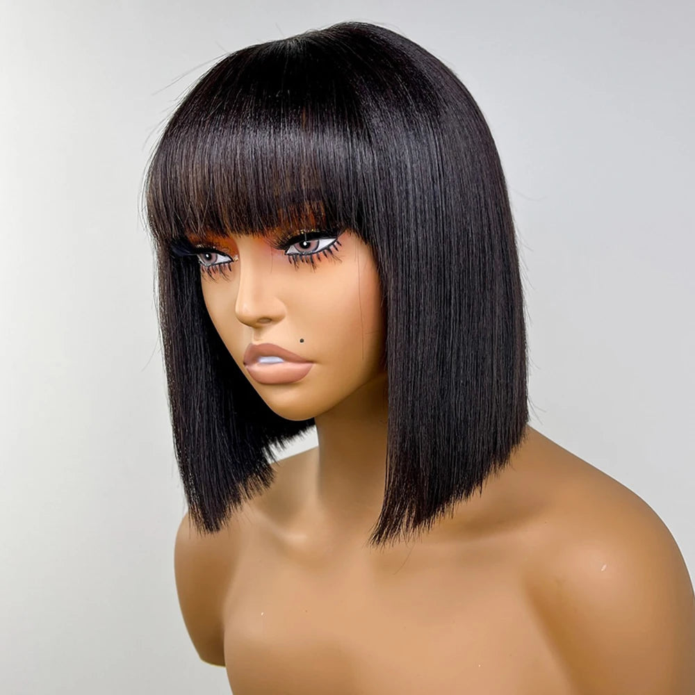 180% Density Straight Bob Wig With Bangs Short Full Machine Made Human Hair Wig Natural Bob Human Hair Wig With Bangs For Women