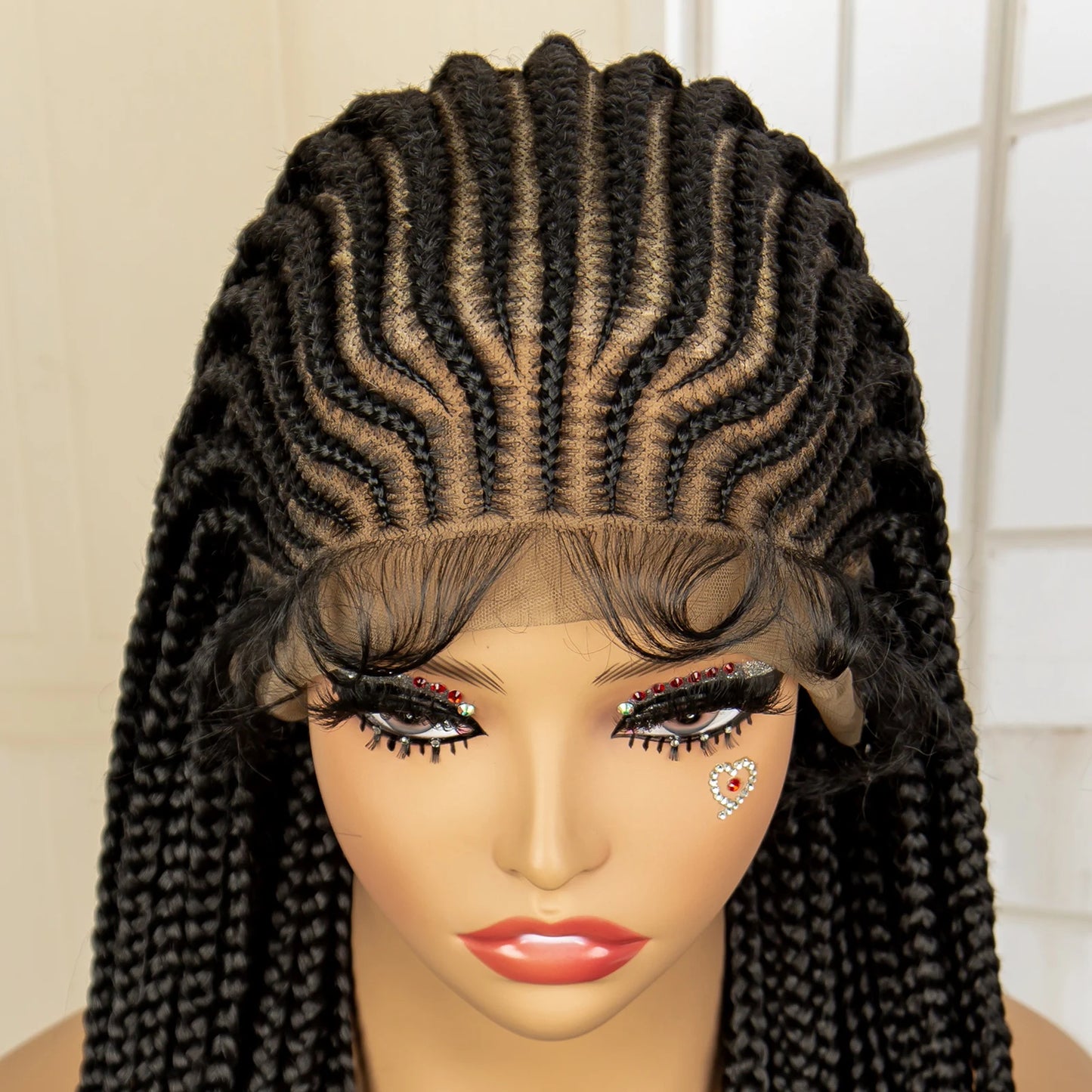 Full Lace Cornrow Braided Wigs Synthetic Knotless Box Braids Wig for Black Women 34 Inches Handmade Lace Frontal Braiding Wig