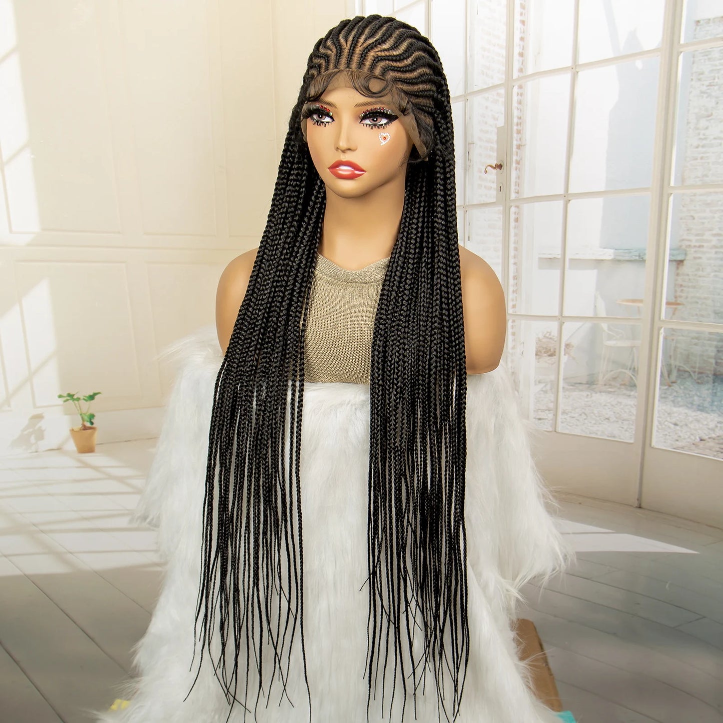 Full Lace Cornrow Braided Wigs Synthetic Knotless Box Braids Wig for Black Women 34 Inches Handmade Lace Frontal Braiding Wig