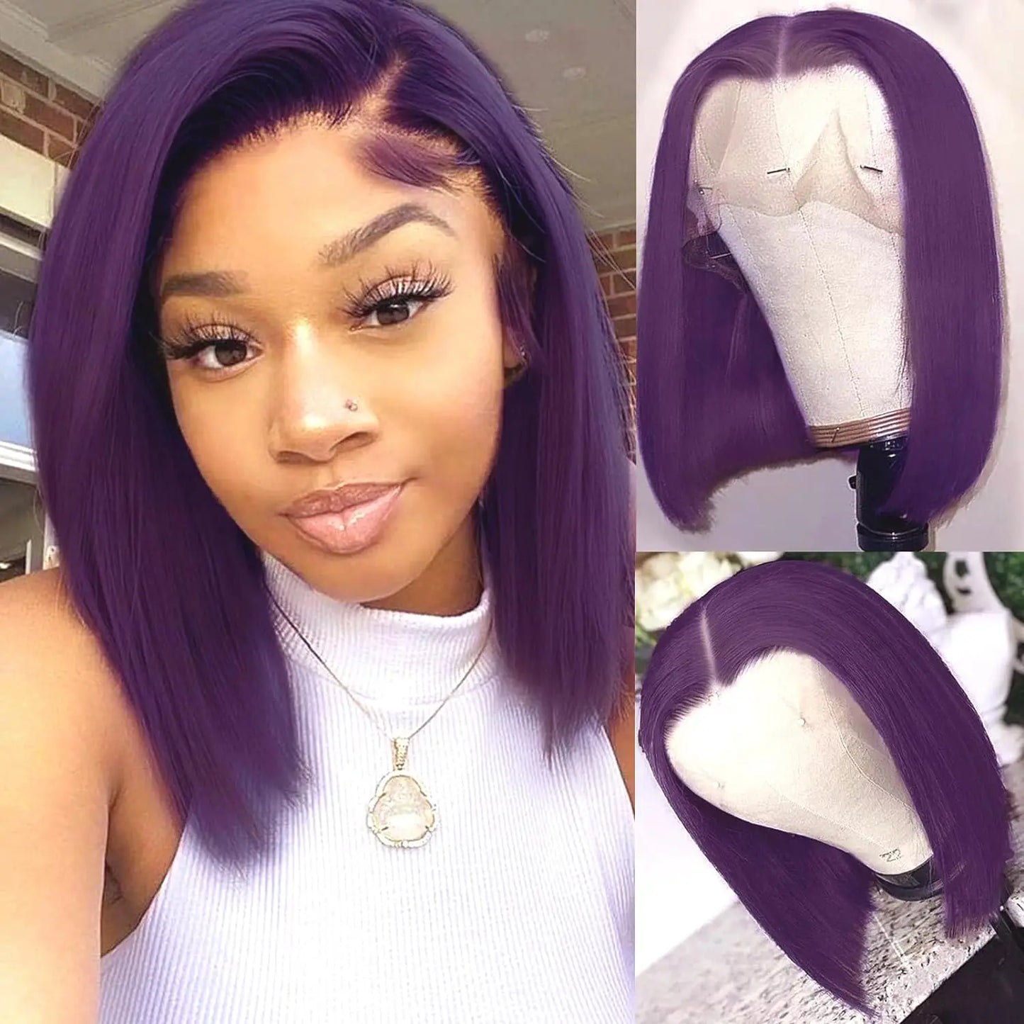 Dark Purple Bob Lace Front Wigs Human Hair Colored 13x4 Lace Frontal Short Straight Purple Bob Wig Pre Plucked with Baby Hair