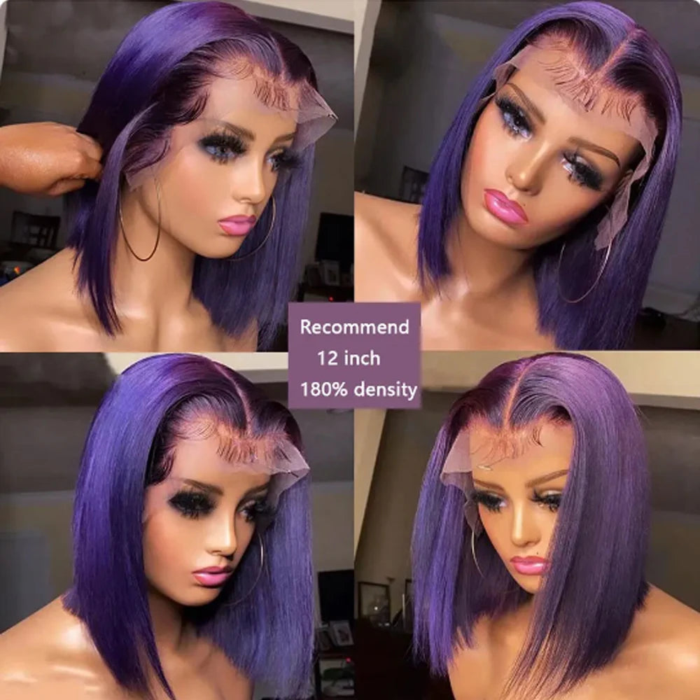 Short Bob Wig 180% Dark Purple Lace Front Human Hair Wigs For Women 13x4 Lace Frontal Wig Colored Straight Bob Lace Front Wigs