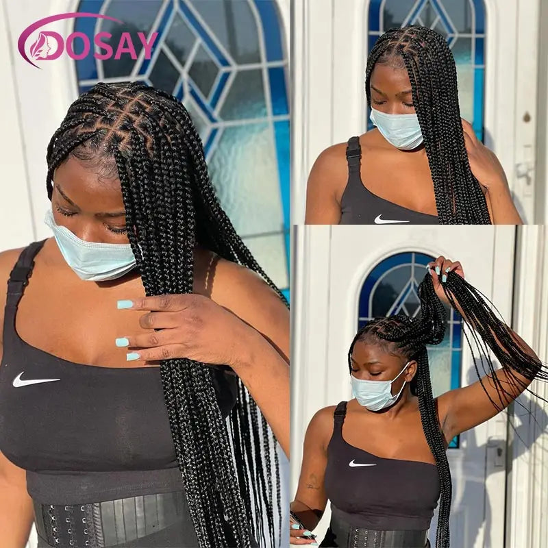 36" Full Lace Braided Wigs Synthetic Box Braids Lace Front Wigs Knotless Braided Wigs For Black Women Small Box Square Hair Wigs