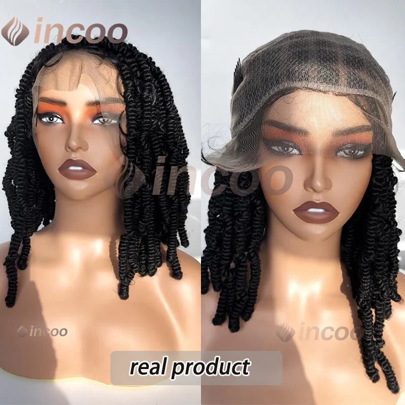 Synthetic Short Bob Box Braided Wig For Black Women Goddess Locs Twist Braided Wigs 360 Full Lace Wig Curly Box Knotless Wigs