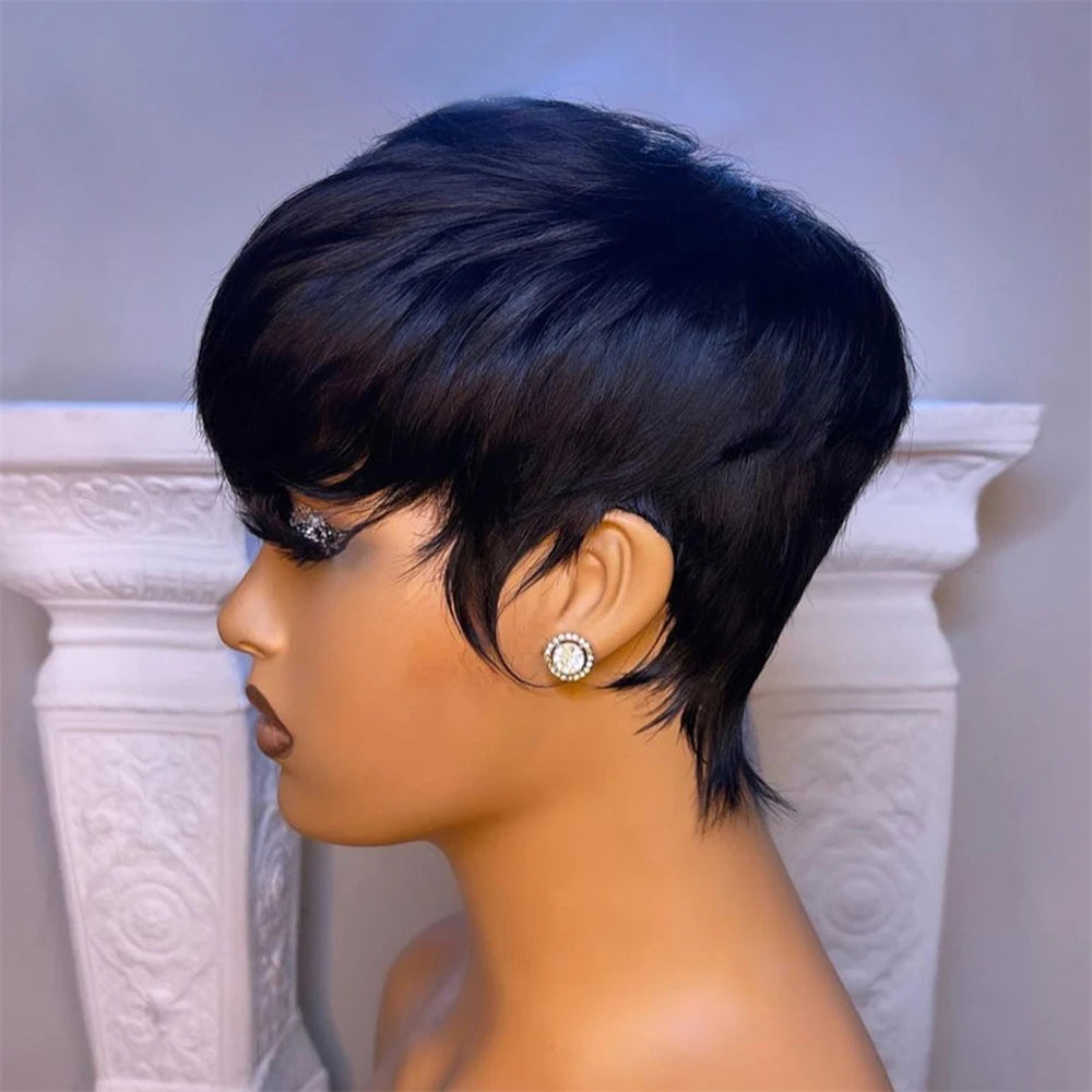 Short Straight Bob Wig Pixie Cut Wig Human Hair For Black Women With Bangs Brazilian Virgin Hair Non Lace front Cheap Wig Black